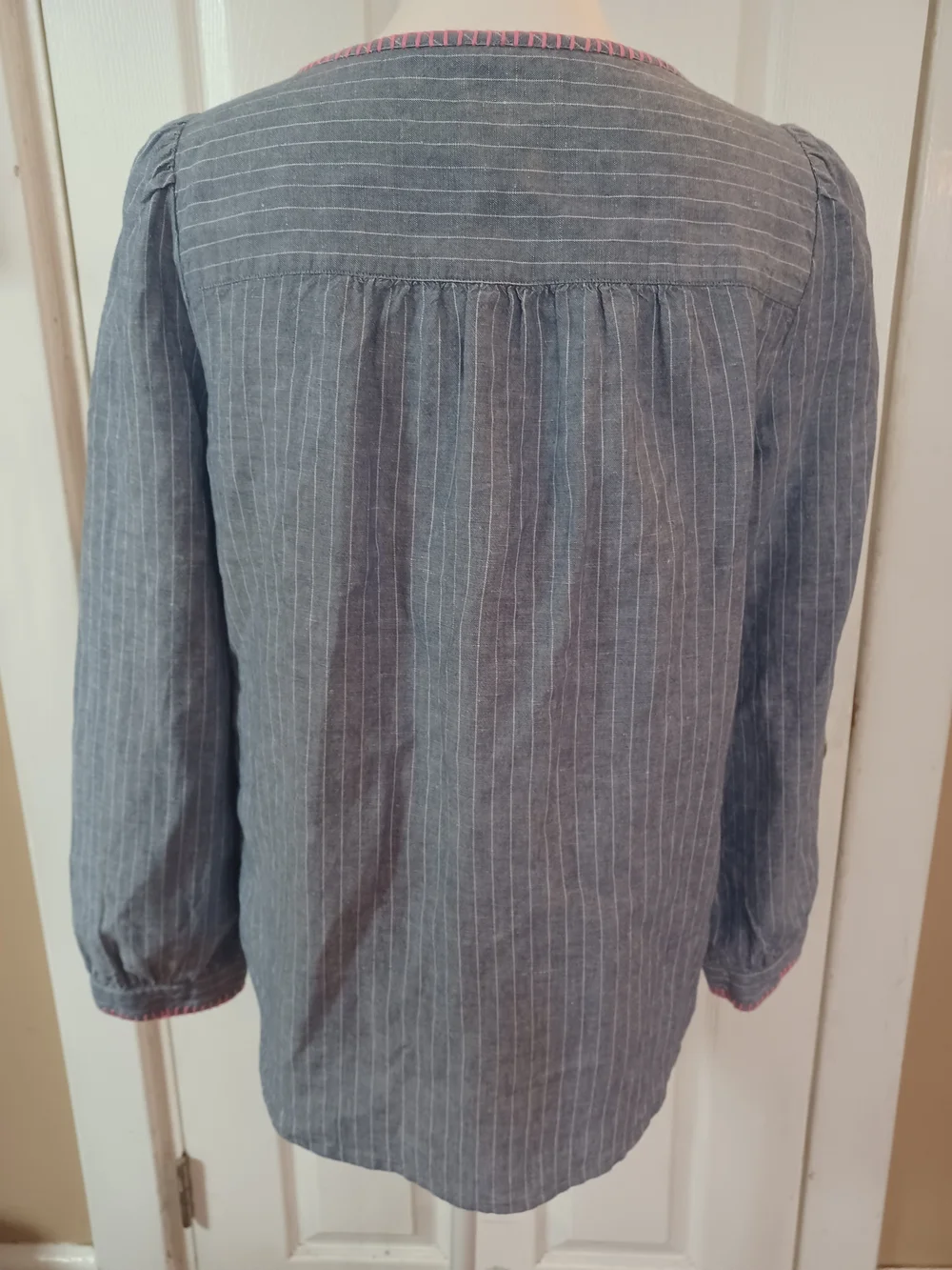 GAP Linen-Blend Striped Peasant Top, Grayish-Blue with Pink Tassels Size S Boho